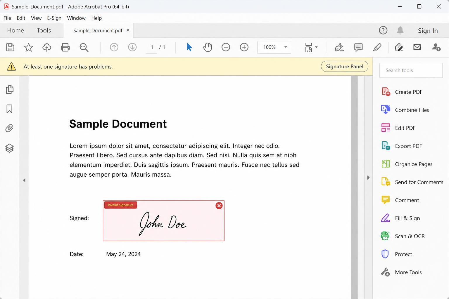 Adobe Acrobat showing 'At least one signature has problems' — pdf signature invalid example