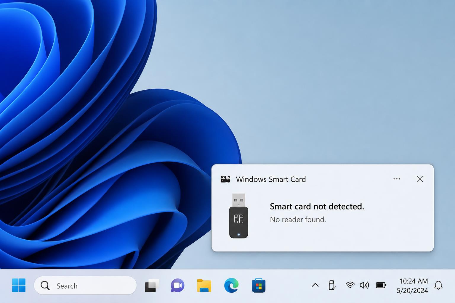 Windows 11 system tray notification: 'Smart card not detected — no reader found' for digital signature USB token